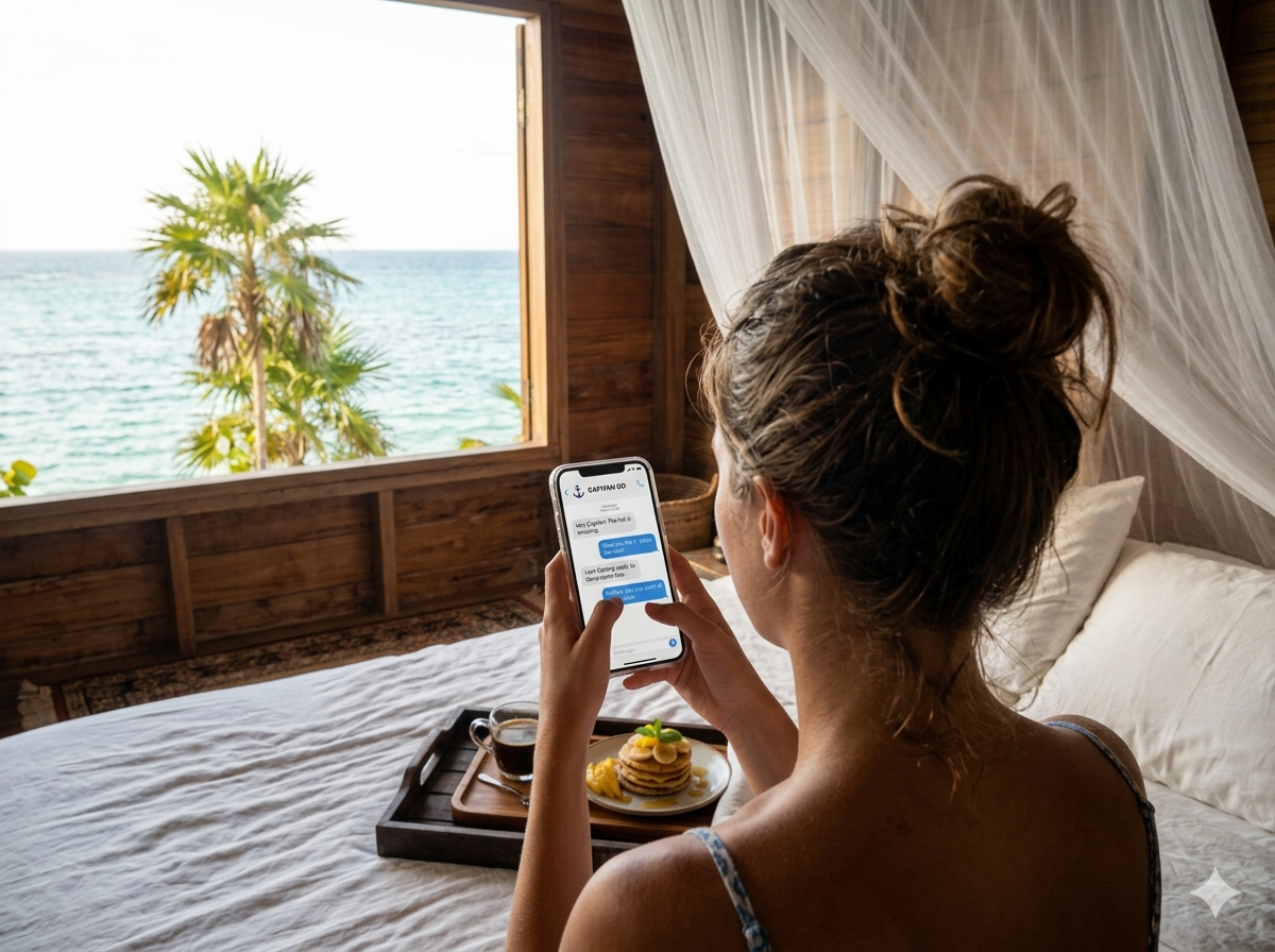 Guest in hammock with ocean view receiving service